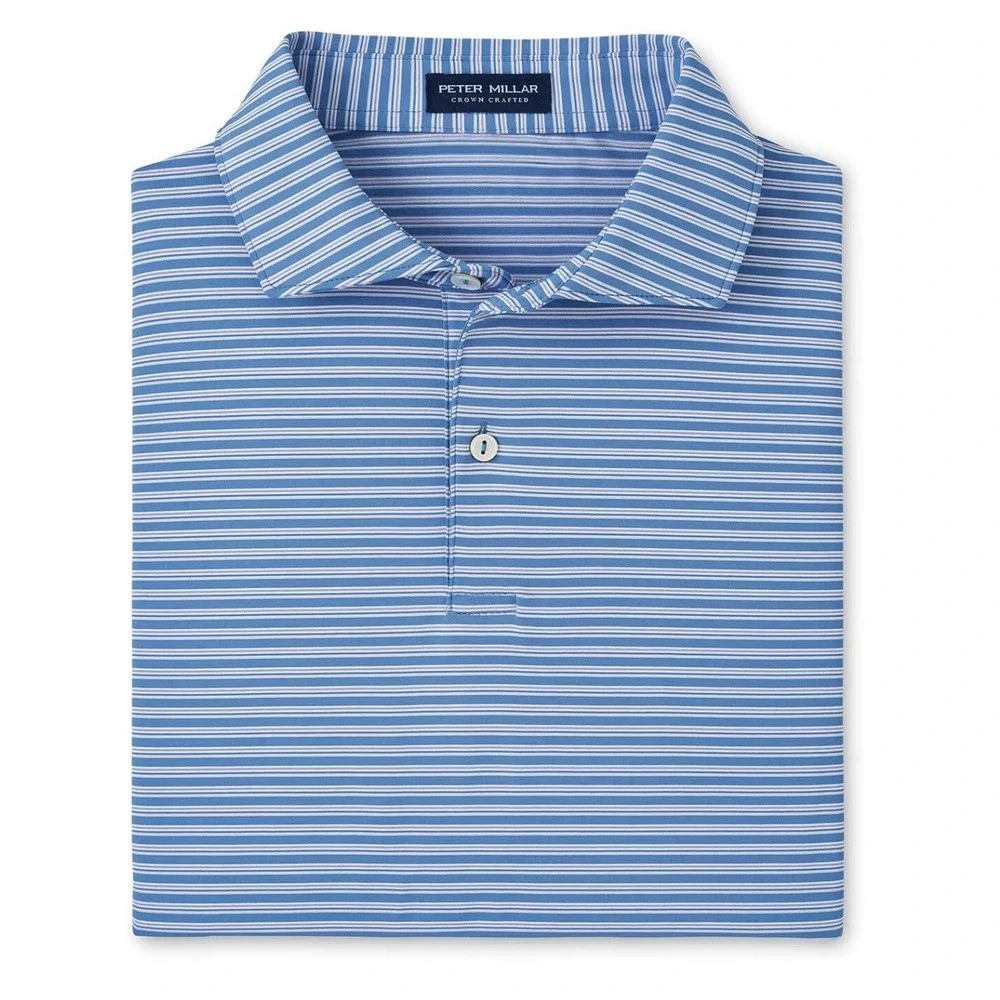 NWT Peter Millar BOWEN Triple Triple Stripe Jersey Golf Polo Shirt Blue XXL $115 - Picture 9 of 10